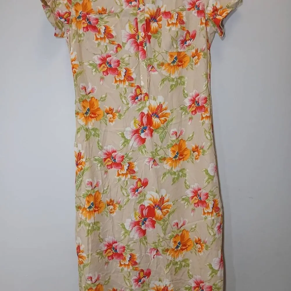 Vtg y2k Liz womens size 12 maxi dress Hawaiian floral Coastal tan green rayon